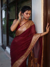 Banarasee Pure Chiffon Saree With Broad Zari Border-Maroon