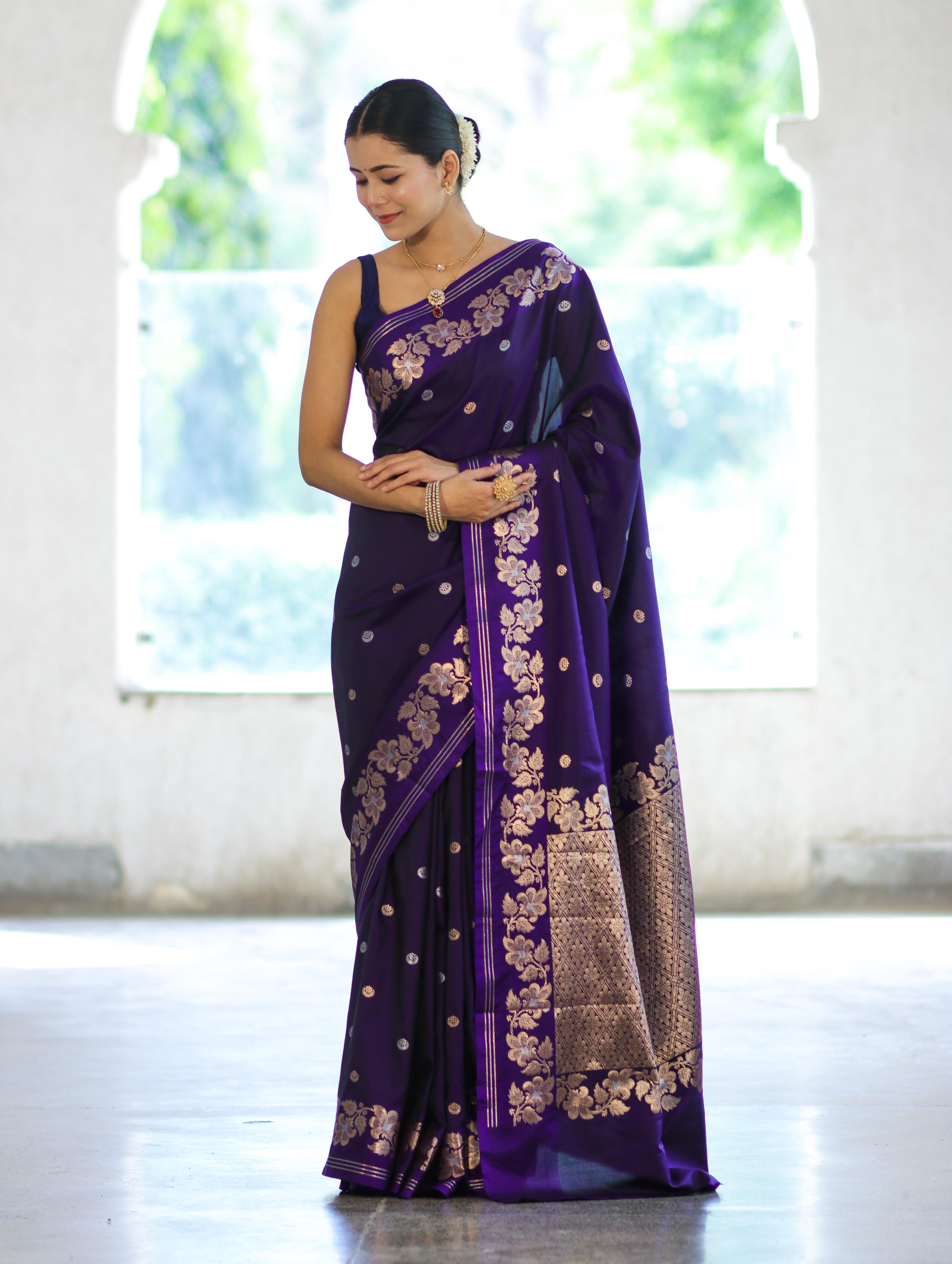 Banarasee Handloom Semi Silk Saree With Sona Rupa Zari Buti Design & Floral Border-Violet