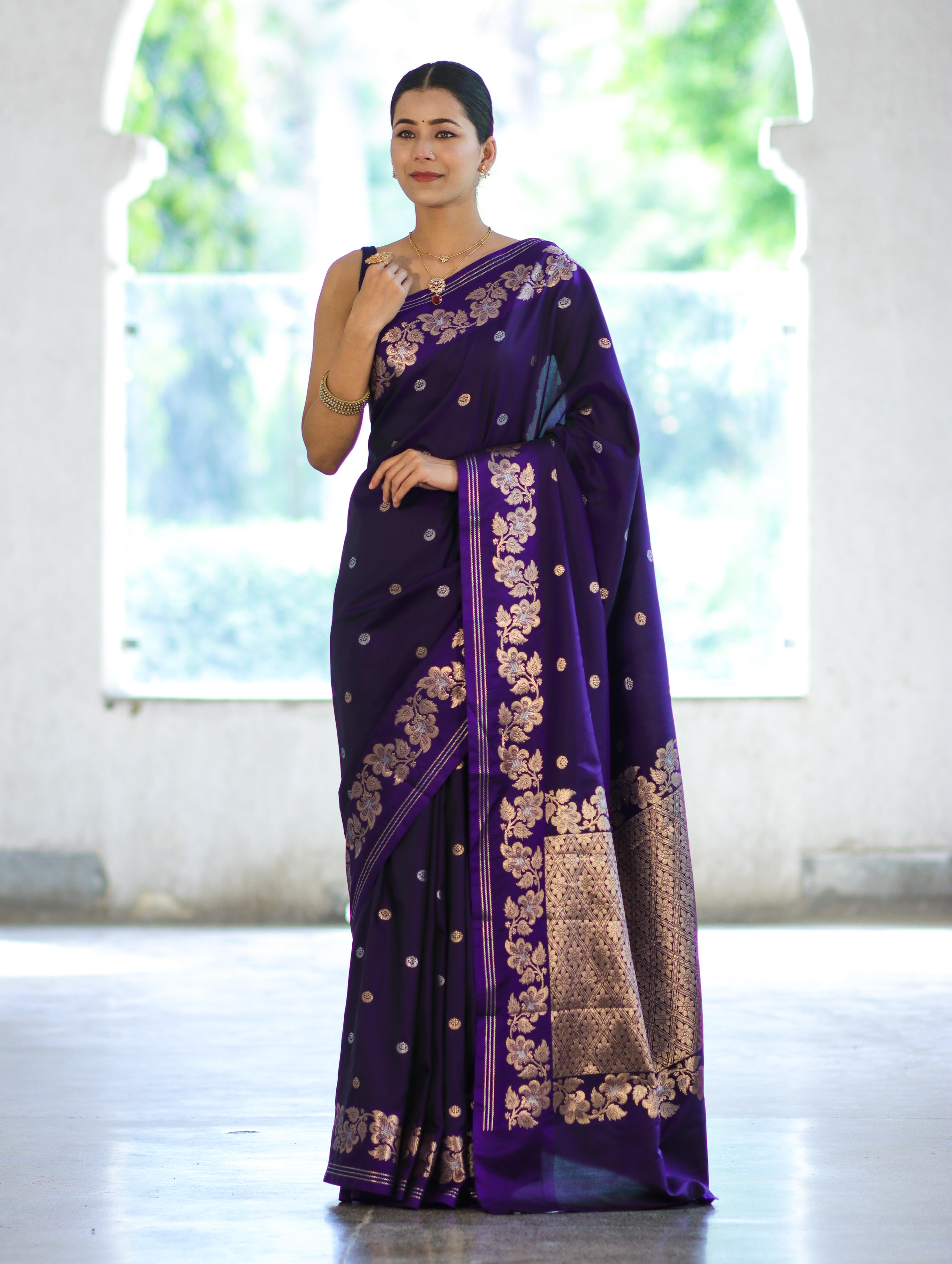 Banarasee Handloom Semi Silk Saree With Sona Rupa Zari Buti Design & Floral Border-Violet