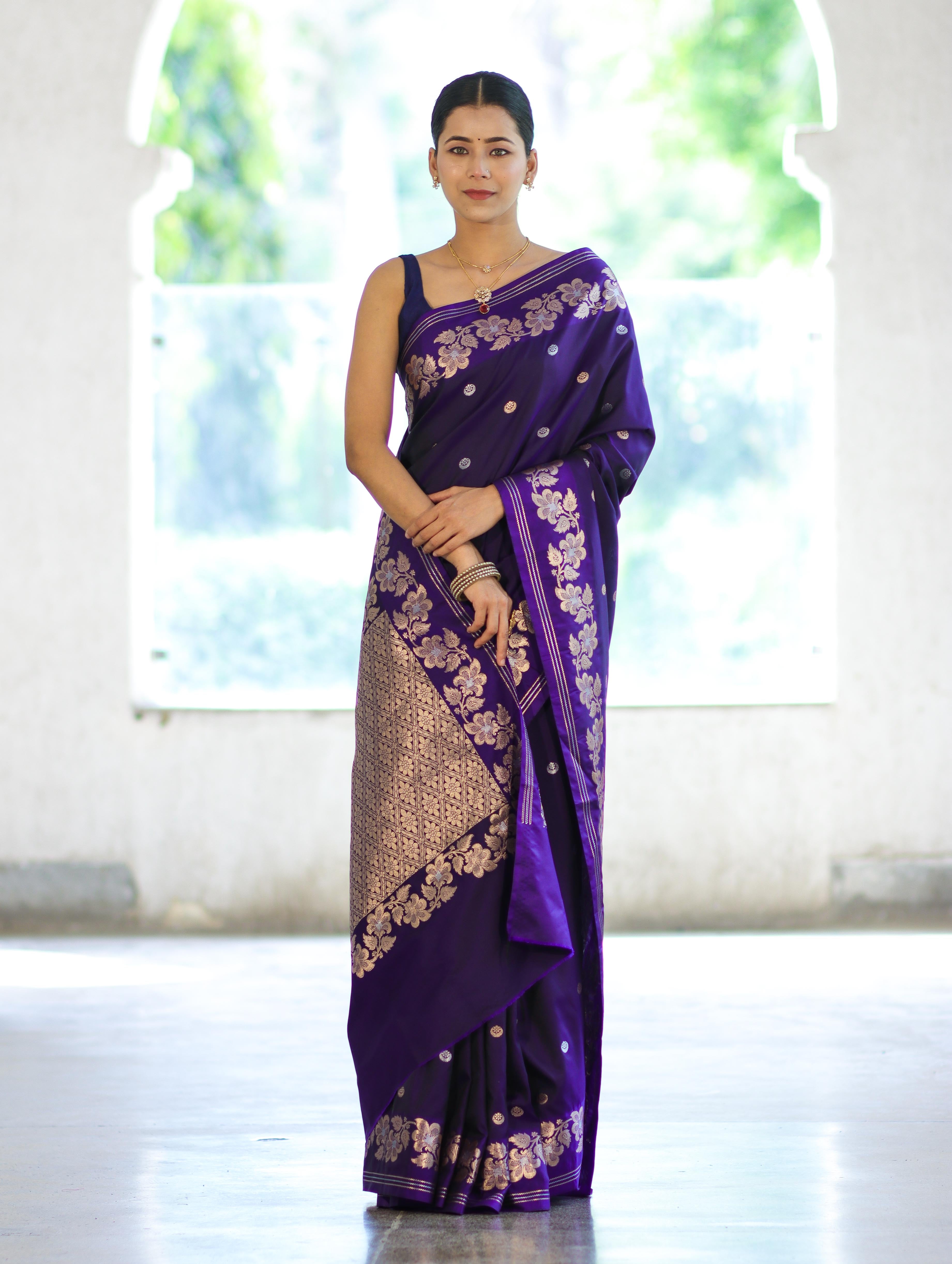 Banarasee Handloom Semi Silk Saree With Sona Rupa Zari Buti Design & Floral Border-Violet