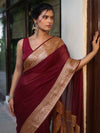 Banarasee Pure Chiffon Saree With Broad Zari Border-Maroon