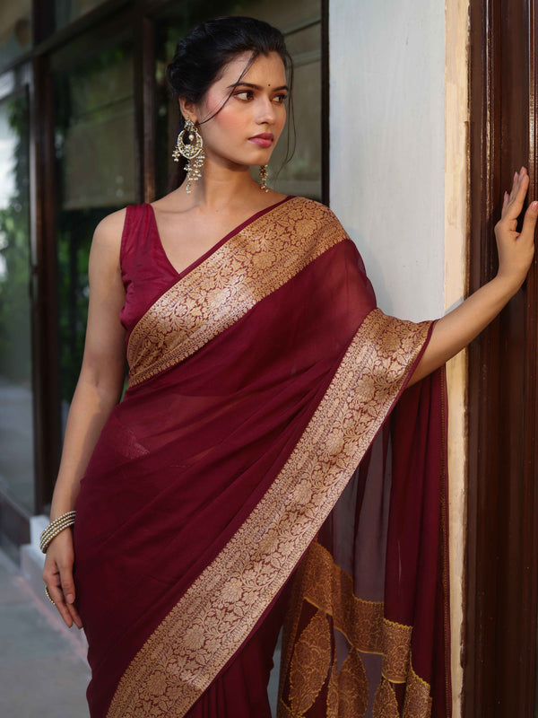 Banarasee Pure Chiffon Saree With Broad Zari Border-Maroon