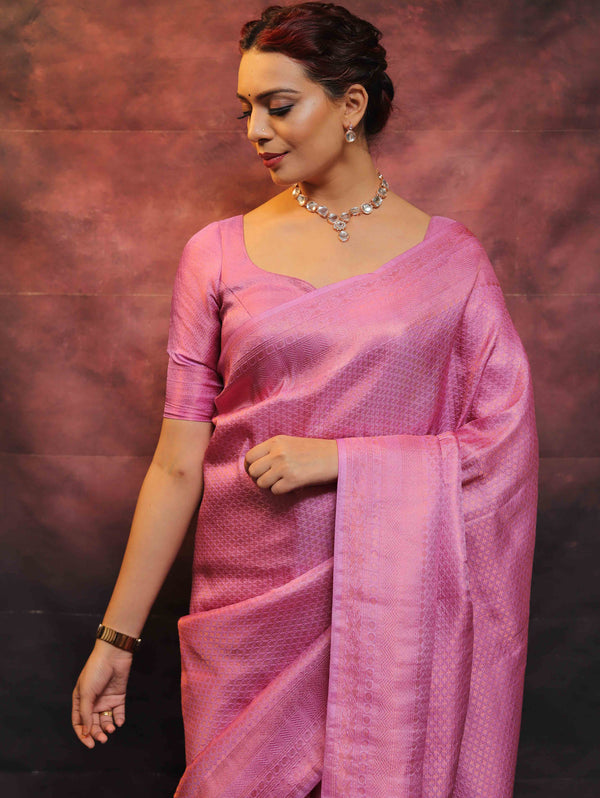Banarasee Kubera Pattu Soft Silk Saree With Copper Zari Work-Pink