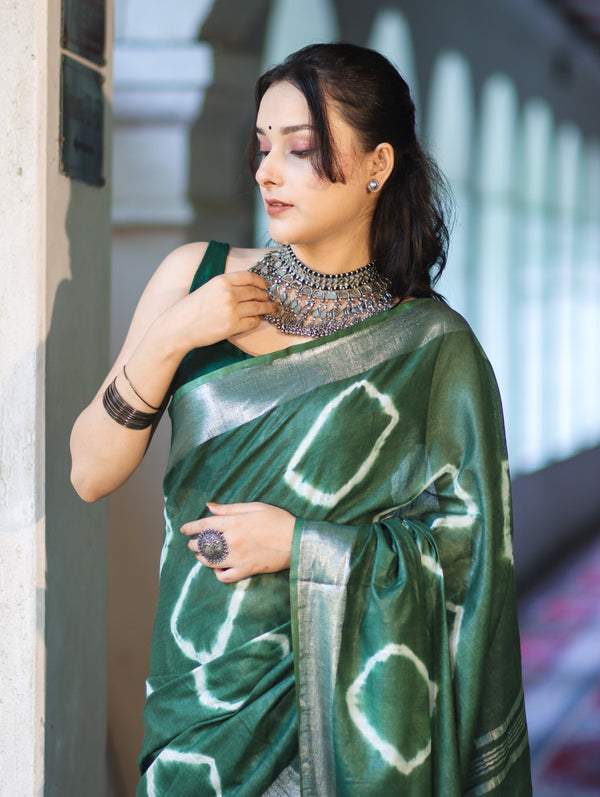 Banarasee Handloom Cotton Silk Hand Dyed Shibori Pattern Saree-Green
