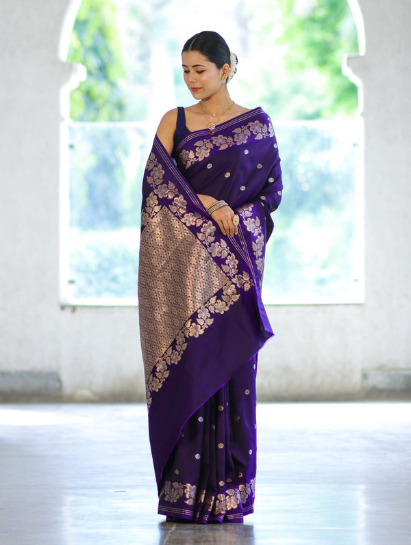 Banarasee Handloom Semi Silk Saree With Sona Rupa Zari Buti Design & Floral Border-Violet