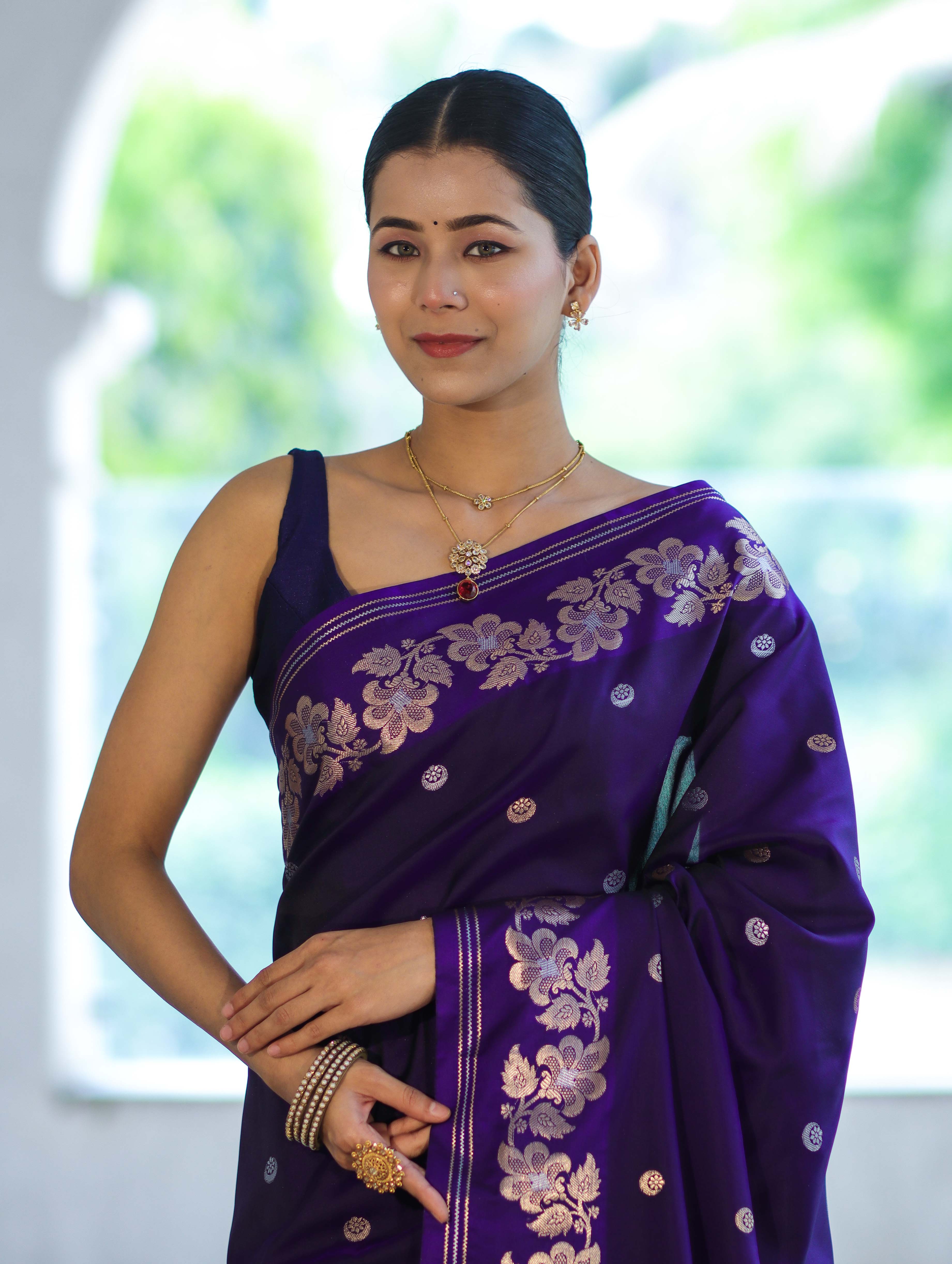 Banarasee Handloom Semi Silk Saree With Sona Rupa Zari Buti Design & Floral Border-Violet