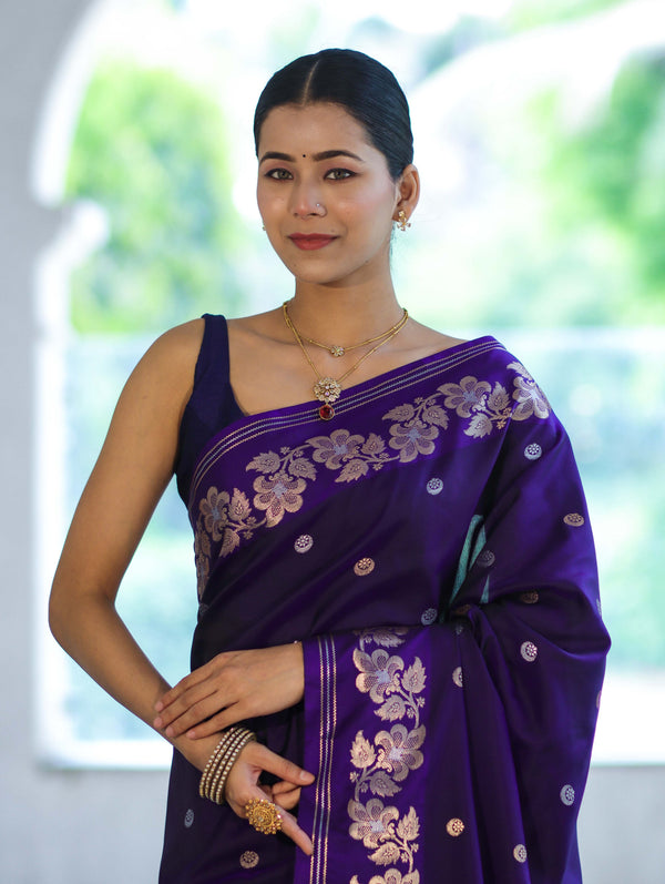 Banarasee Handloom Semi Silk Saree With Sona Rupa Zari Buti Design & Floral Border-Violet