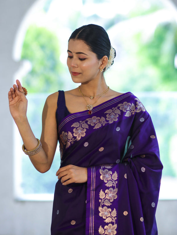 Banarasee Handloom Semi Silk Saree With Sona Rupa Zari Buti Design & Floral Border-Violet