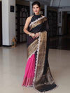Banarasee Dual Color Pure Linen Saree With Zari Border & Lace-Black & Light Pink