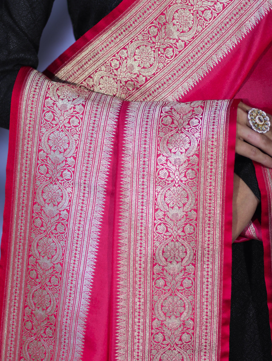 Banarasee Katan Silk Dupatta With Gold Zari Woven Border-Fuchsia Pink