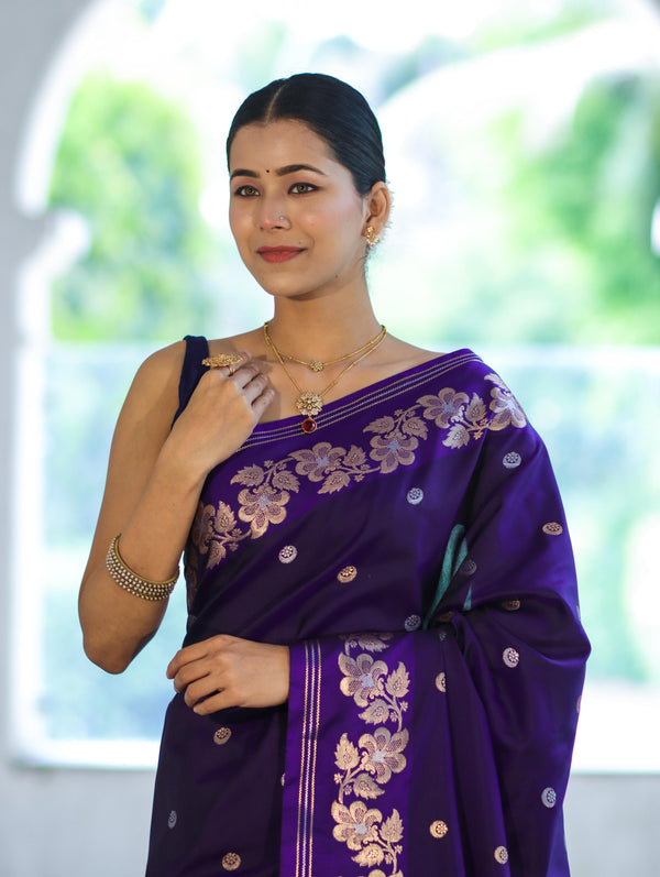 Banarasee Handloom Semi Silk Saree With Sona Rupa Zari Buti Design & Floral Border-Violet