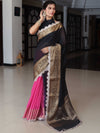 Banarasee Dual Color Pure Linen Saree With Zari Border & Lace-Black & Light Pink