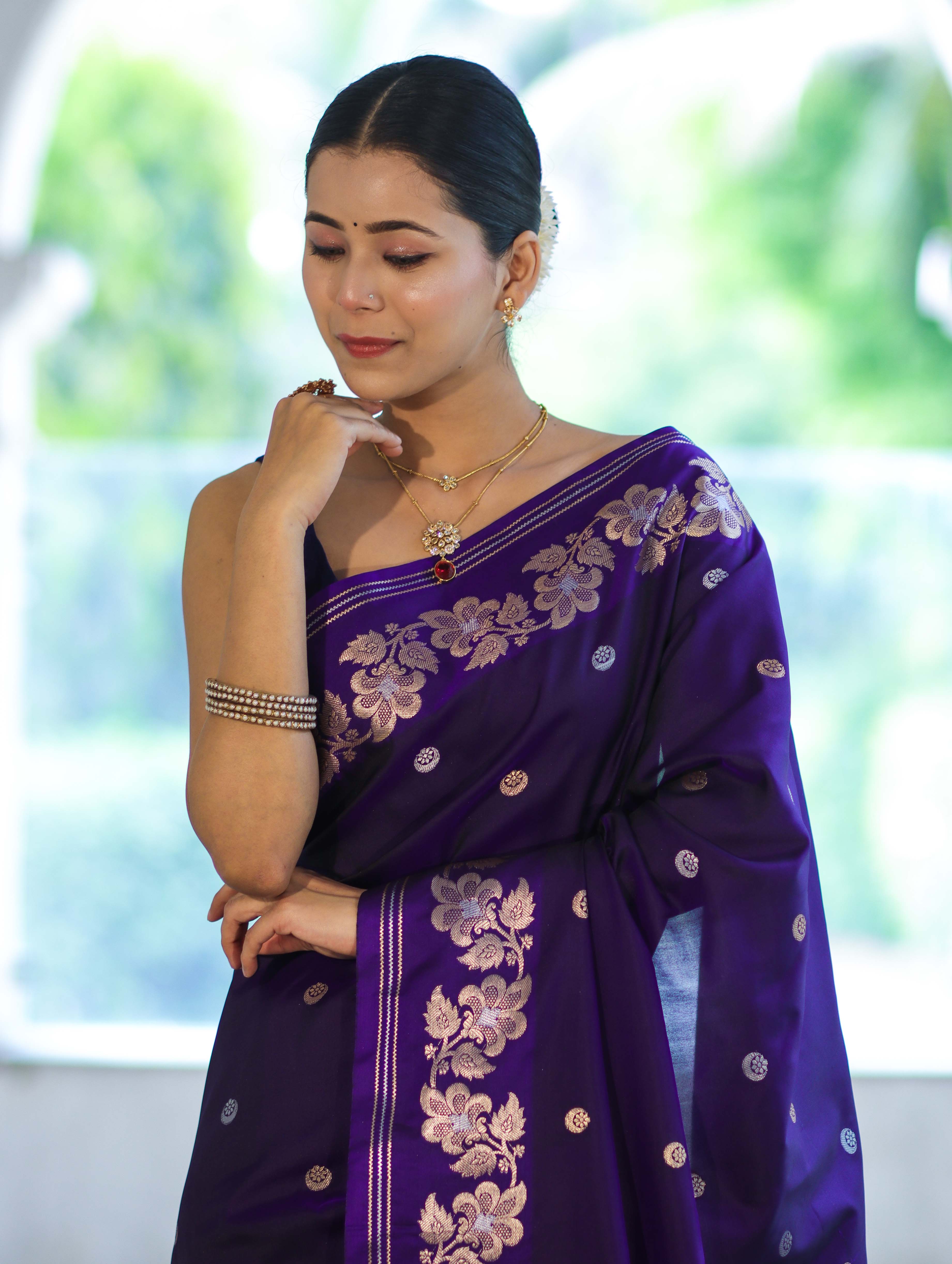 Banarasee Handloom Semi Silk Saree With Sona Rupa Zari Buti Design & Floral Border-Violet
