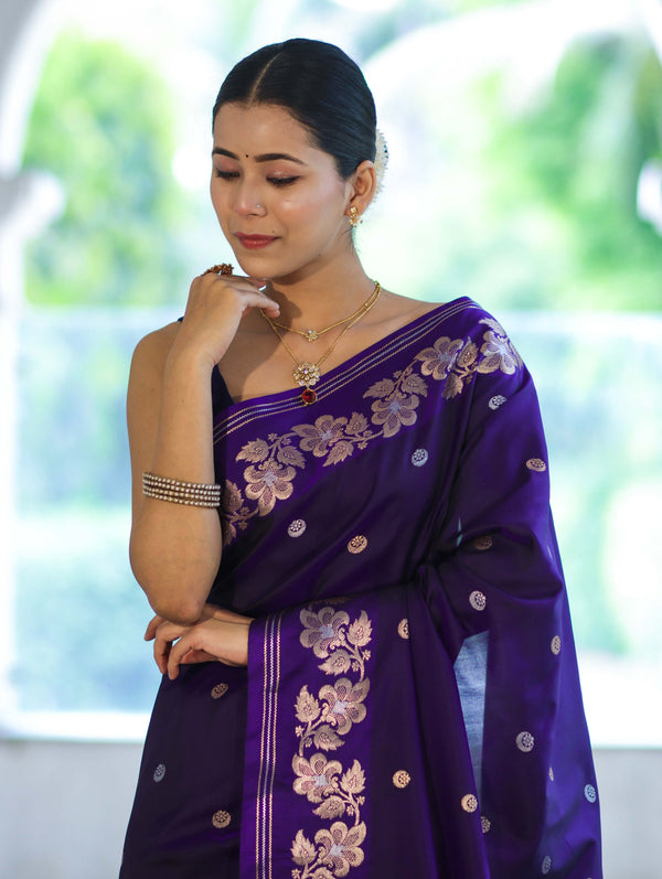 Banarasee Handloom Semi Silk Saree With Sona Rupa Zari Buti Design & Floral Border-Violet