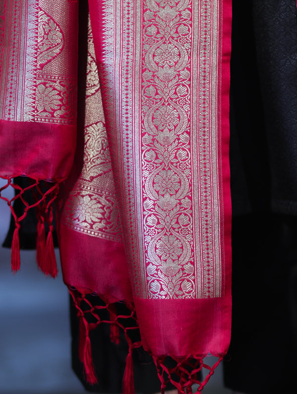 Banarasee Katan Silk Dupatta With Gold Zari Woven Border-Fuchsia Pink
