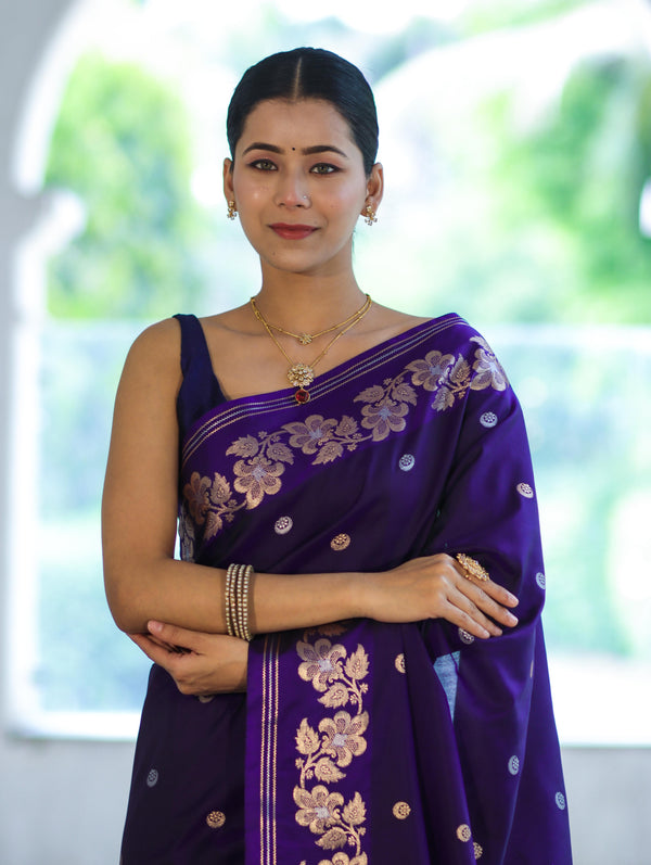 Banarasee Handloom Semi Silk Saree With Sona Rupa Zari Buti Design & Floral Border-Violet