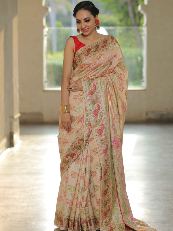 Banarasee Semi-Dupion Silk Saree With Meena & Zari Work-Beige