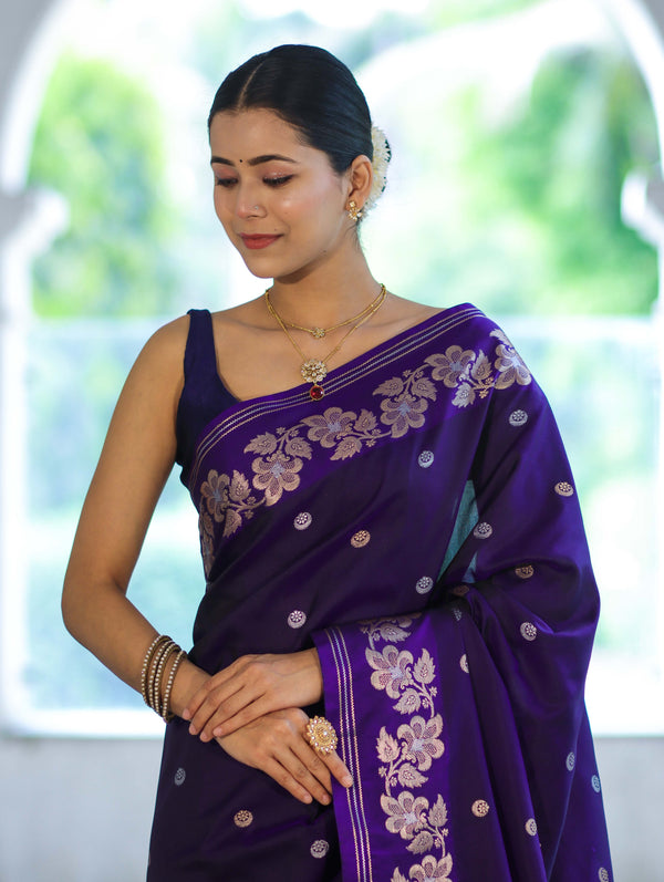 Banarasee Handloom Semi Silk Saree With Sona Rupa Zari Buti Design & Floral Border-Violet