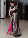 Banarasee Dual Color Pure Linen Saree With Zari Border & Lace-Black & Light Pink
