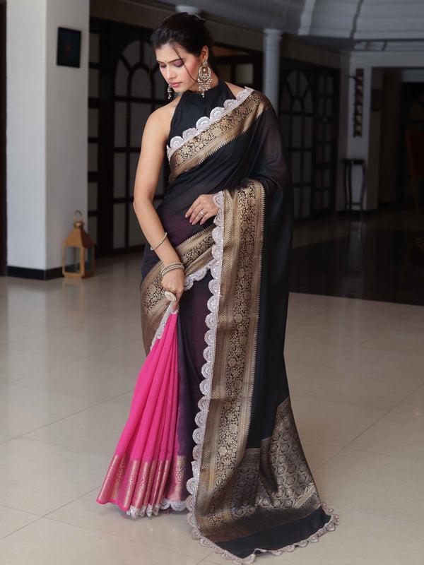 Banarasee Dual Color Pure Linen Saree With Zari Border & Lace-Black & Light Pink