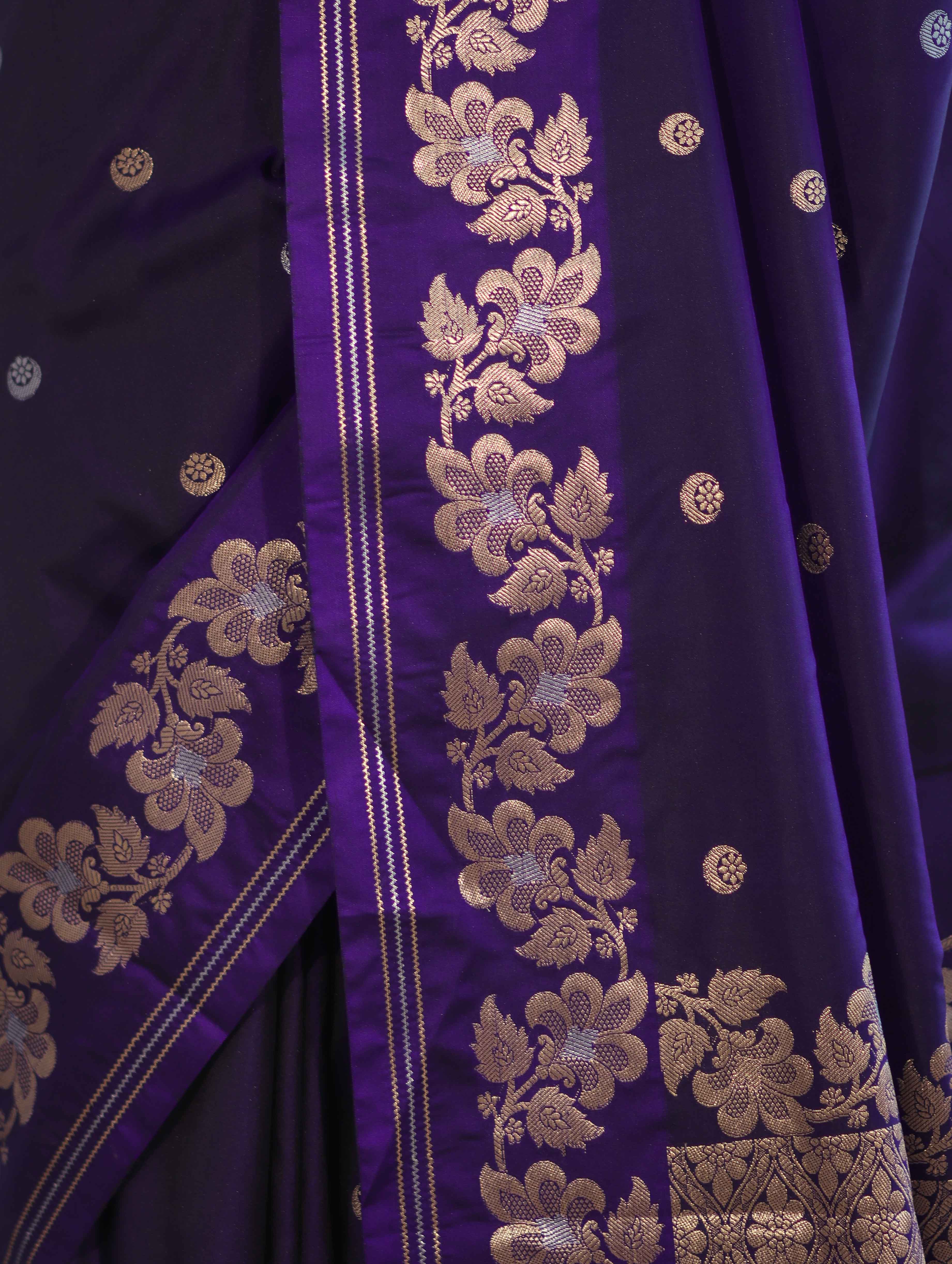 Banarasee Handloom Semi Silk Saree With Sona Rupa Zari Buti Design & Floral Border-Violet