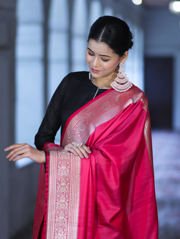 Banarasee Katan Silk Dupatta With Gold Zari Woven Border-Fuchsia Pink