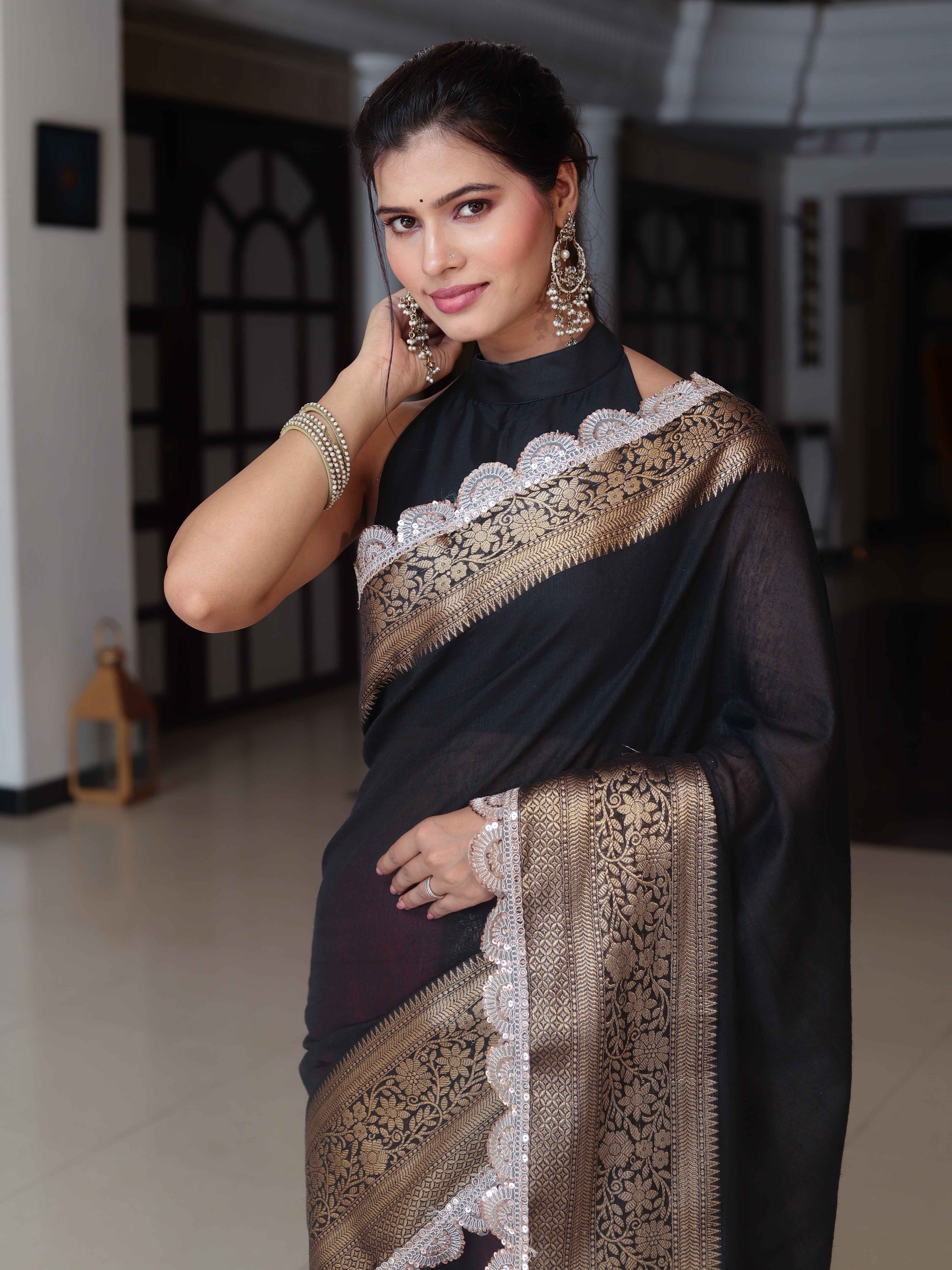 Banarasee Dual Color Pure Linen Saree With Zari Border & Lace-Black & Light Pink