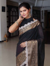 Banarasee Dual Color Pure Linen Saree With Zari Border & Lace-Black & Light Pink