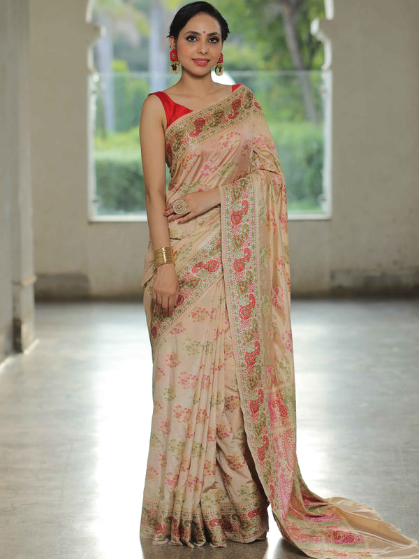 Banarasee Semi-Dupion Silk Saree With Meena & Zari Work-Beige