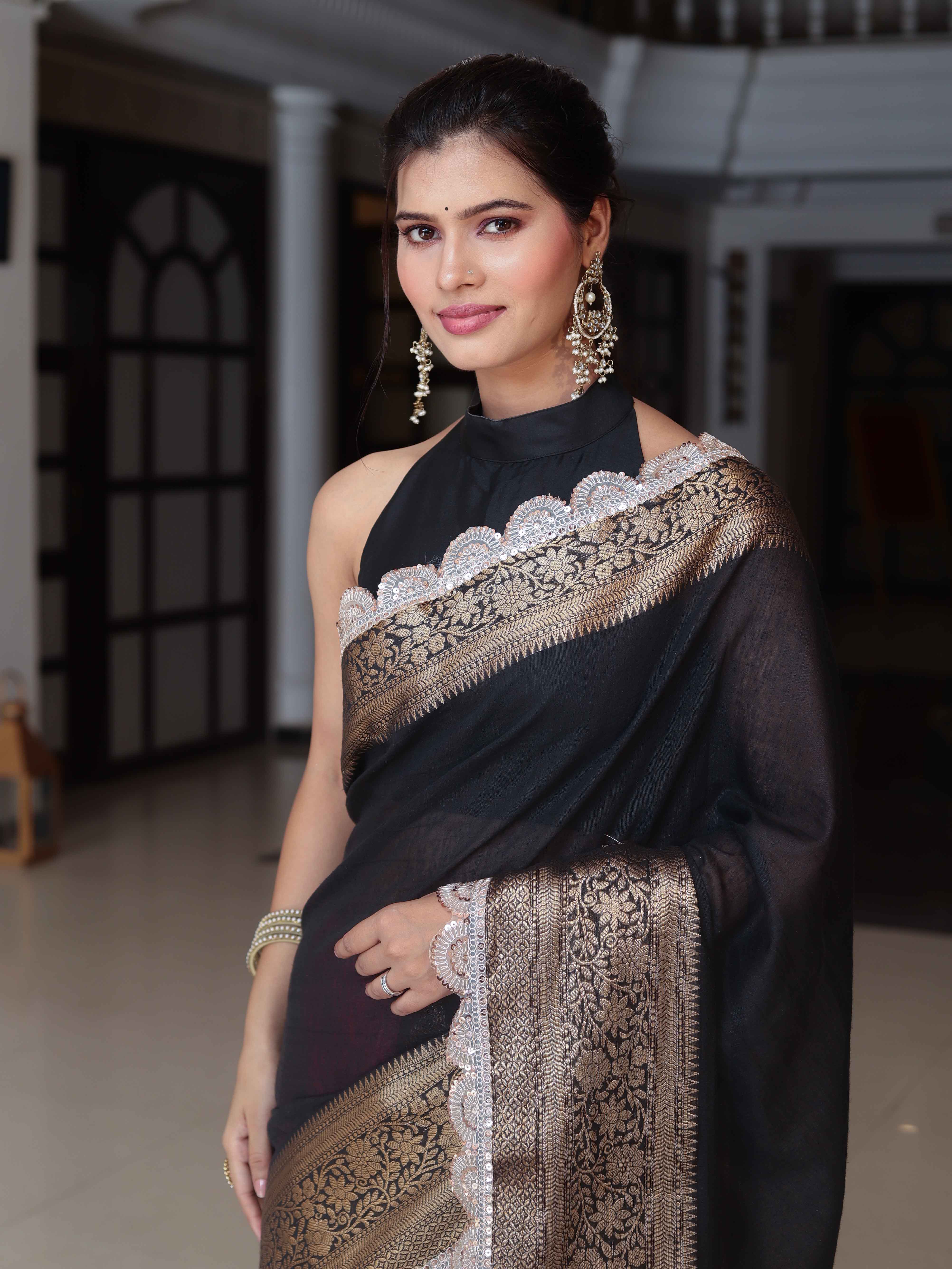 Banarasee Dual Color Pure Linen Saree With Zari Border & Lace-Black & Light Pink