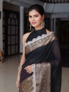 Banarasee Dual Color Pure Linen Saree With Zari Border & Lace-Black & Light Pink