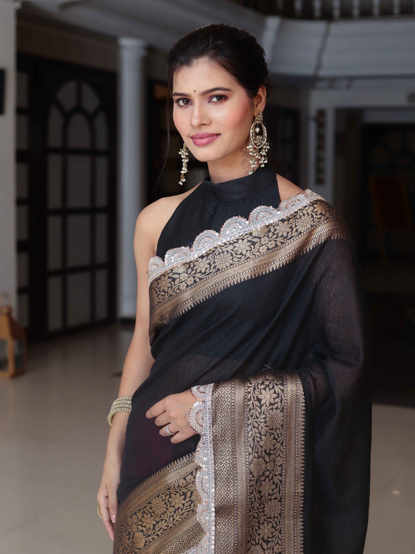 Banarasee Dual Color Pure Linen Saree With Zari Border & Lace-Black & Light Pink