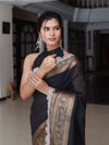 Banarasee Dual Color Pure Linen Saree With Zari Border & Lace-Black & Light Pink
