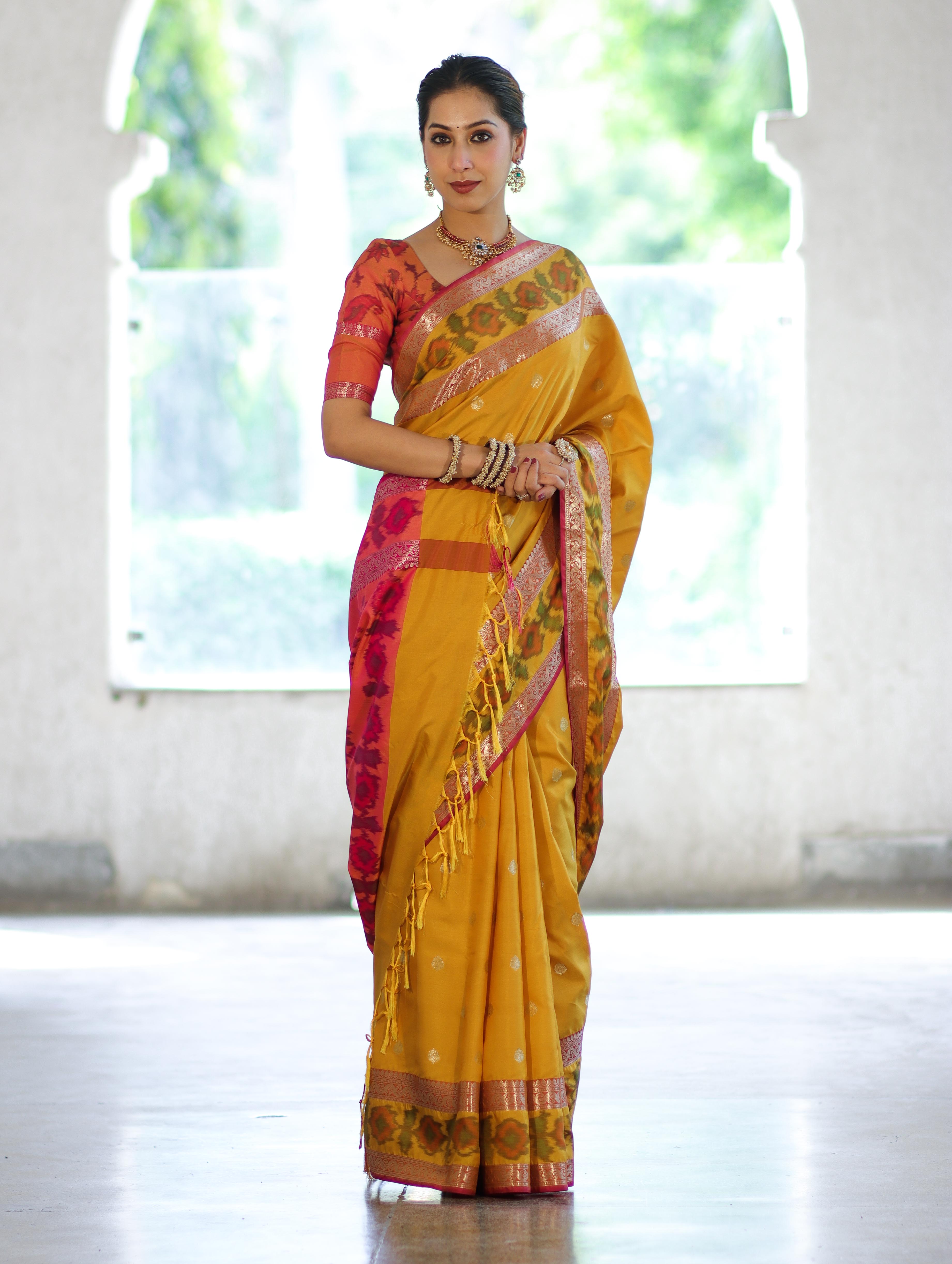 Banarasee Handloom Dual Tone Semi Silk Saree With Buti Design & Ikkat Border-Yellow