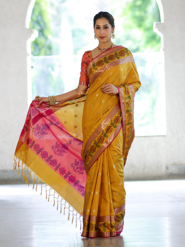 Banarasee Handloom Dual Tone Semi Silk Saree With Buti Design & Ikkat Border-Yellow