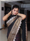 Banarasee Dual Color Pure Linen Saree With Zari Border & Lace-Black & Light Pink