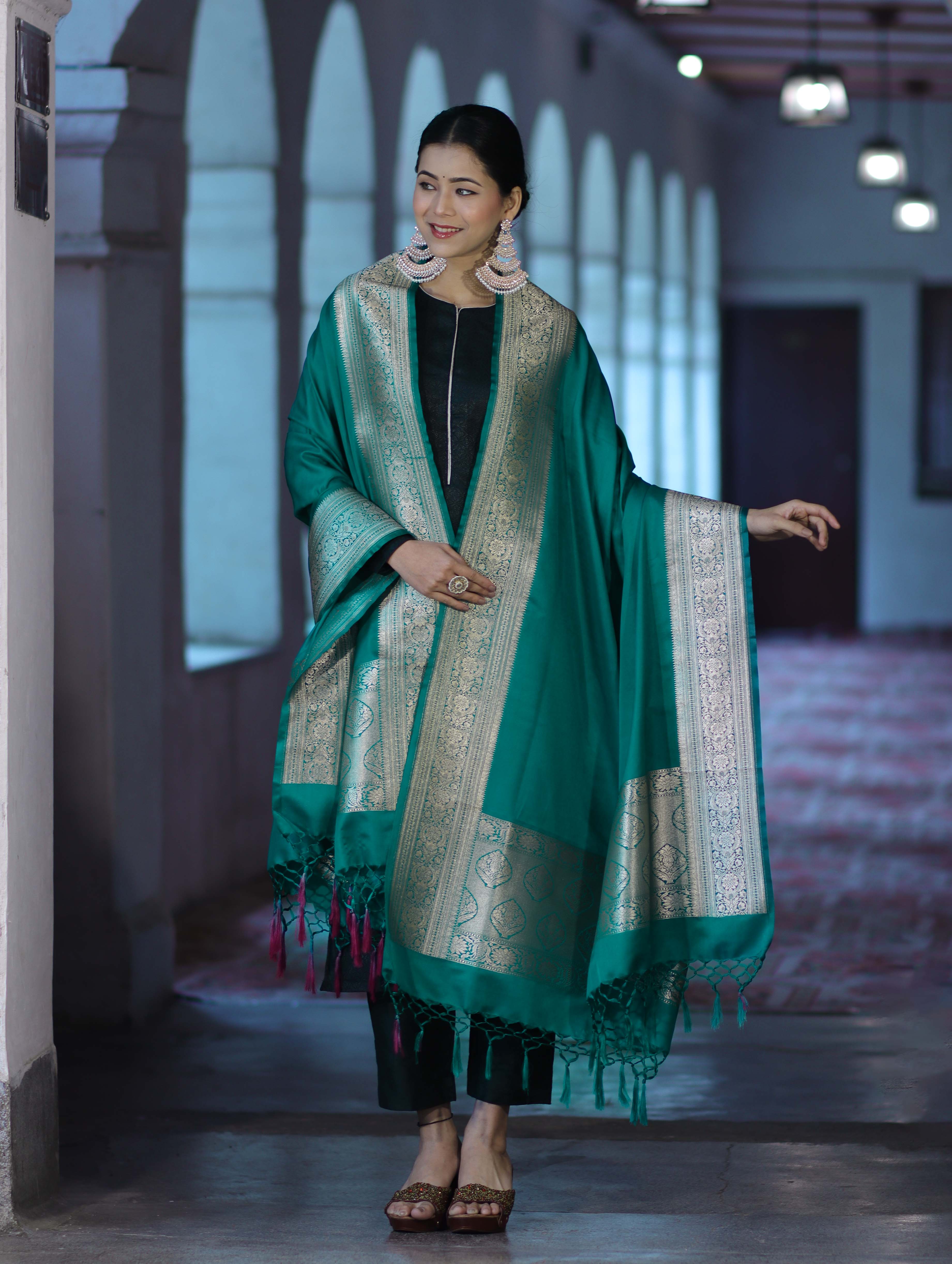 Banarasee Katan Silk Dupatta With Gold Zari Woven Border-Emerald Green