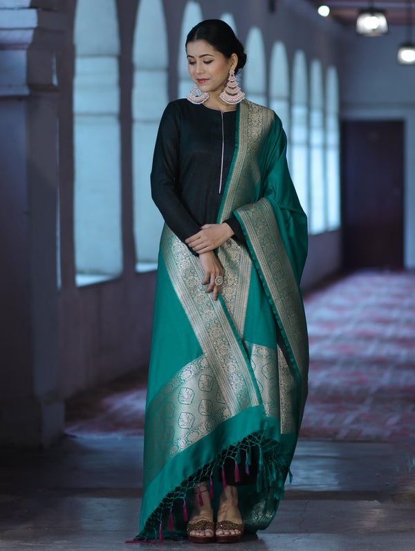 Banarasee Katan Silk Dupatta With Gold Zari Woven Border-Emerald Green