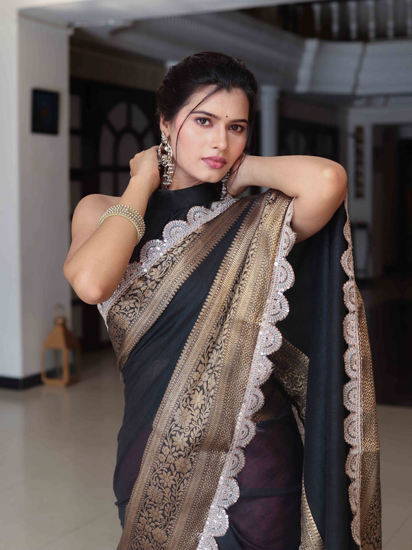 Banarasee Dual Color Pure Linen Saree With Zari Border & Lace-Black & Light Pink