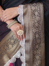 Banarasee Dual Color Pure Linen Saree With Zari Border & Lace-Black & Light Pink
