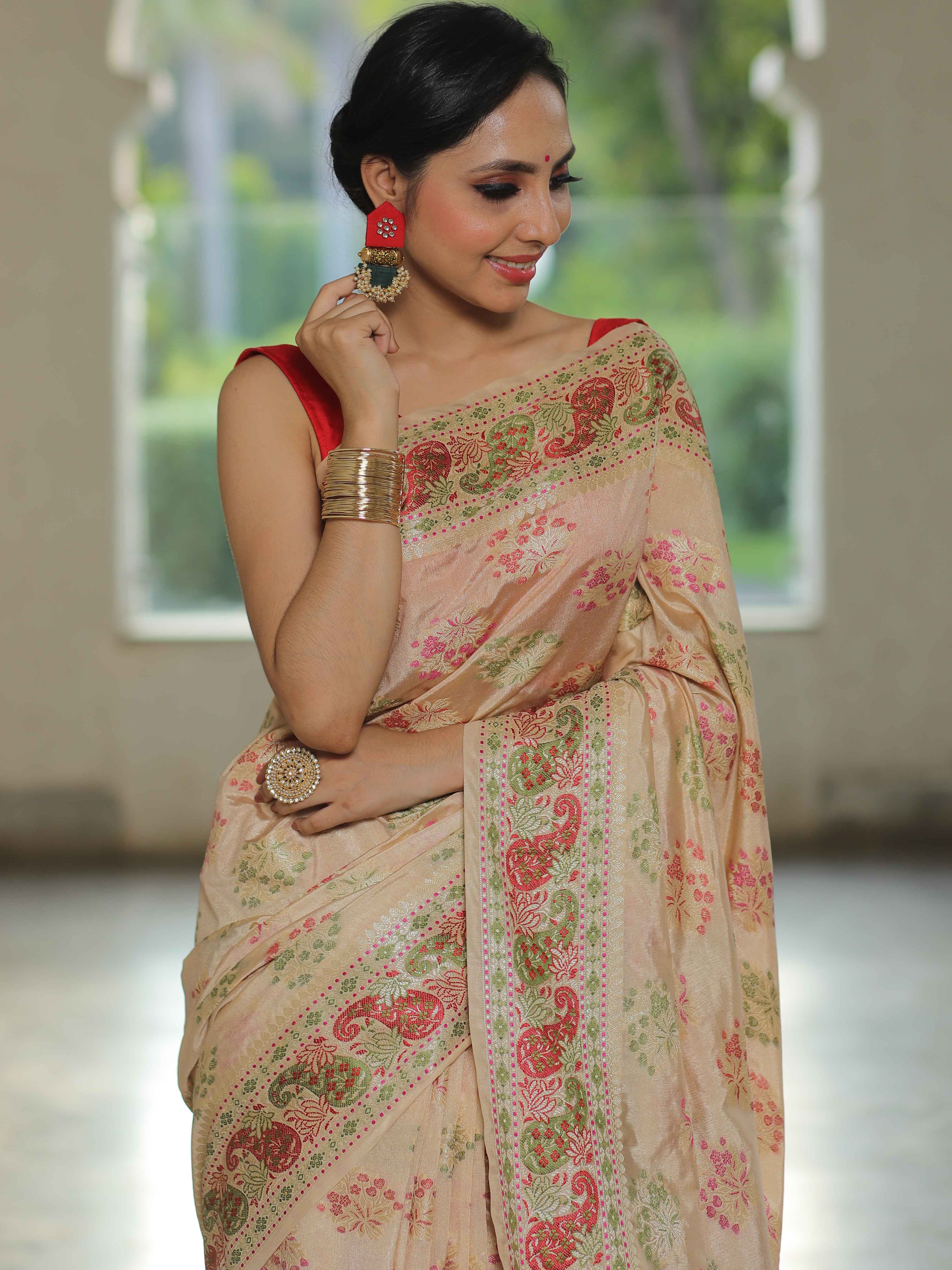 Banarasee Semi-Dupion Silk Saree With Meena & Zari Work-Beige