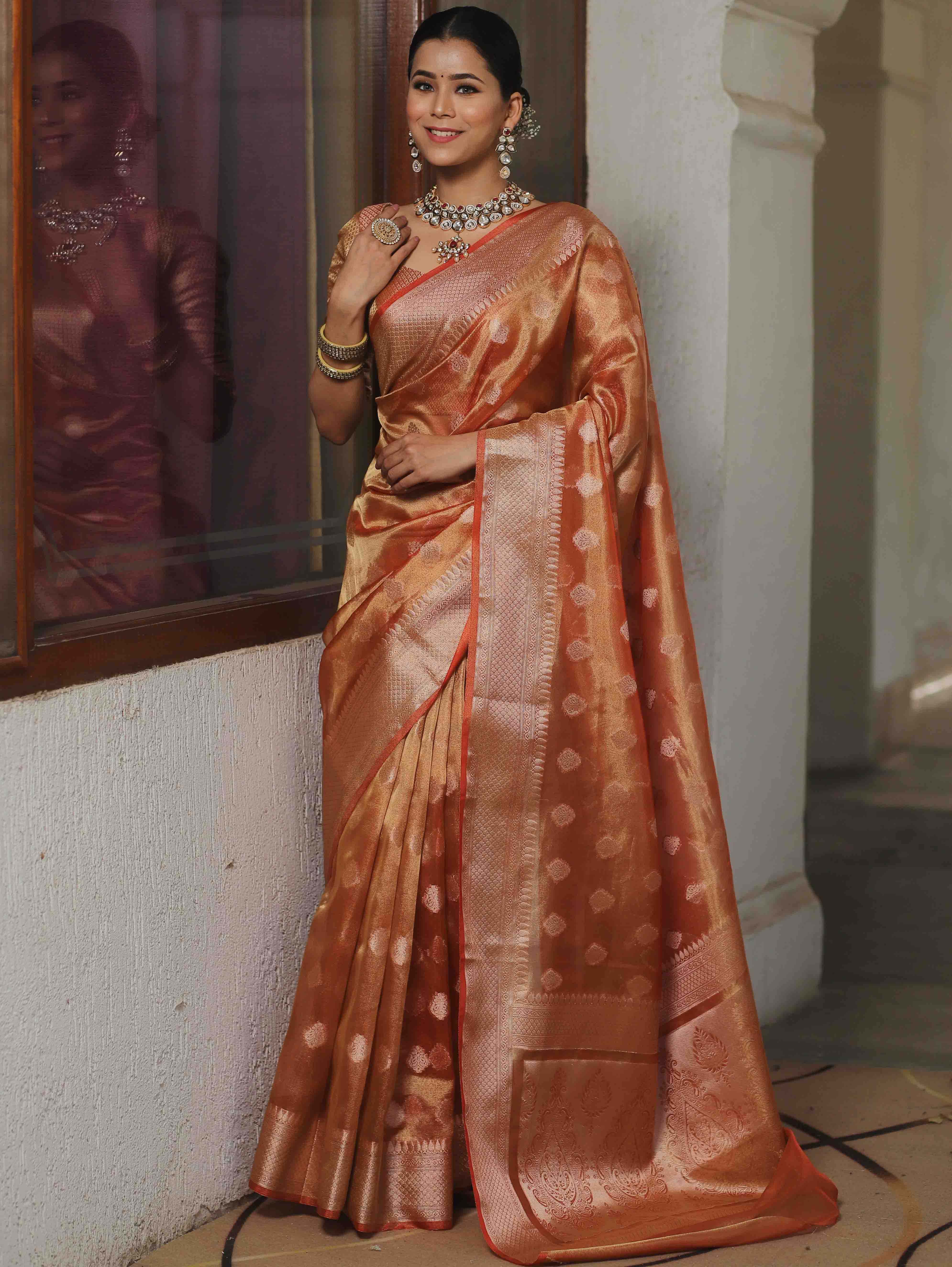 Banarasee Handwoven Tissue Saree With Zari Buti Work-Rust