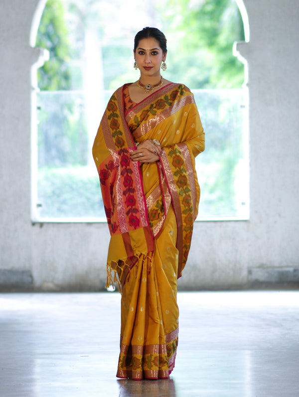 Banarasee Handloom Dual Tone Semi Silk Saree With Buti Design & Ikkat Border-Yellow