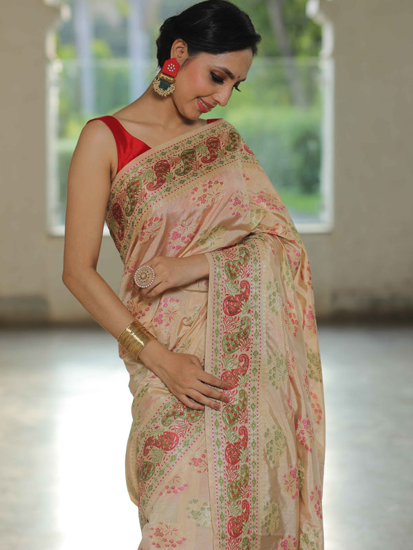 Banarasee Semi-Dupion Silk Saree With Meena & Zari Work-Beige