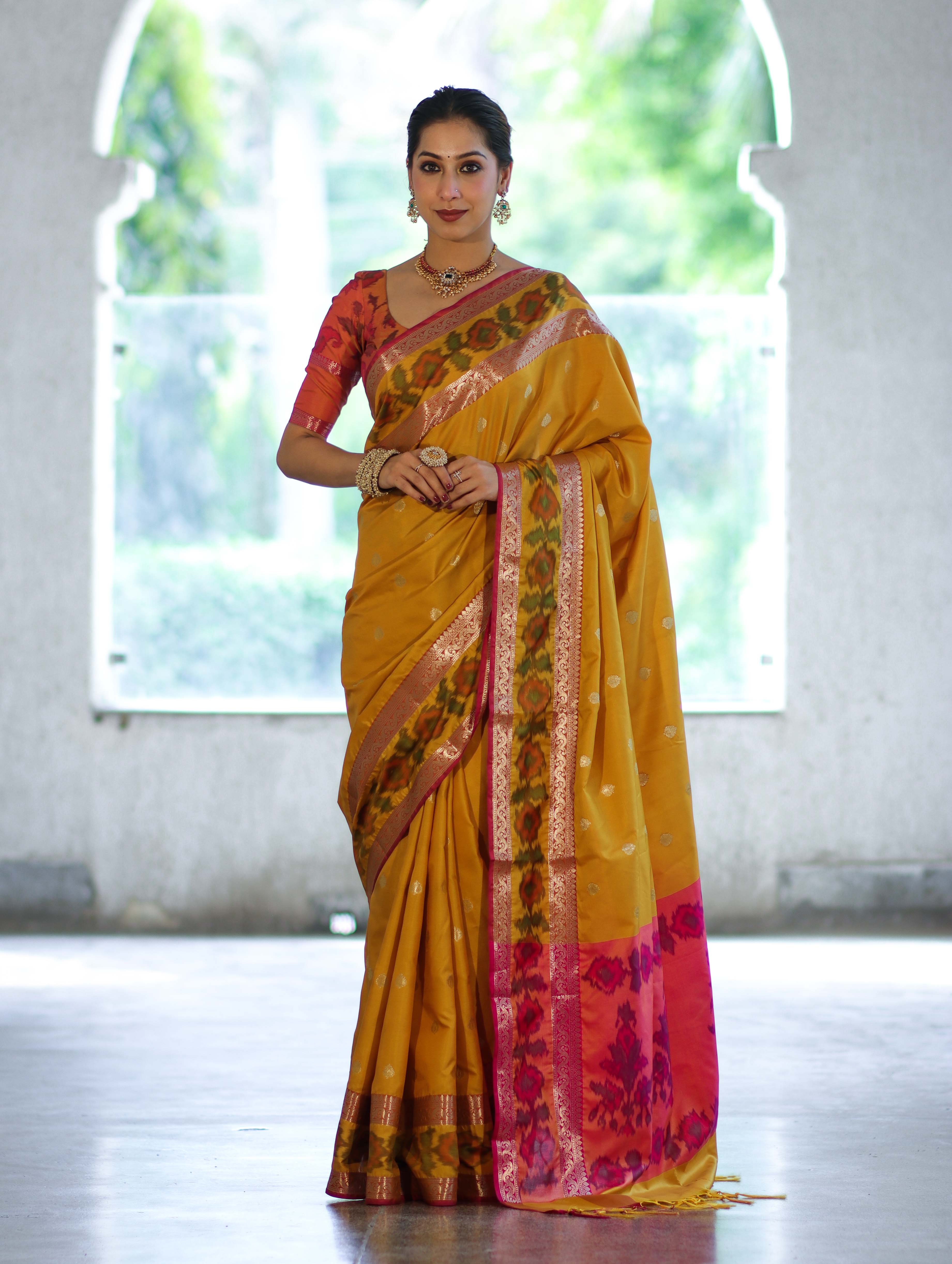 Banarasee Handloom Dual Tone Semi Silk Saree With Buti Design & Ikkat Border-Yellow
