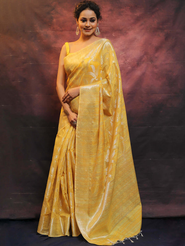 Banarasee Handloom Linen Silk Mix Zari Work Saree-Yellow
