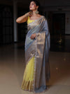Banarasee Dual Color Pure Linen Saree With Zari Border & Lace-Grey & Lemon Yellow