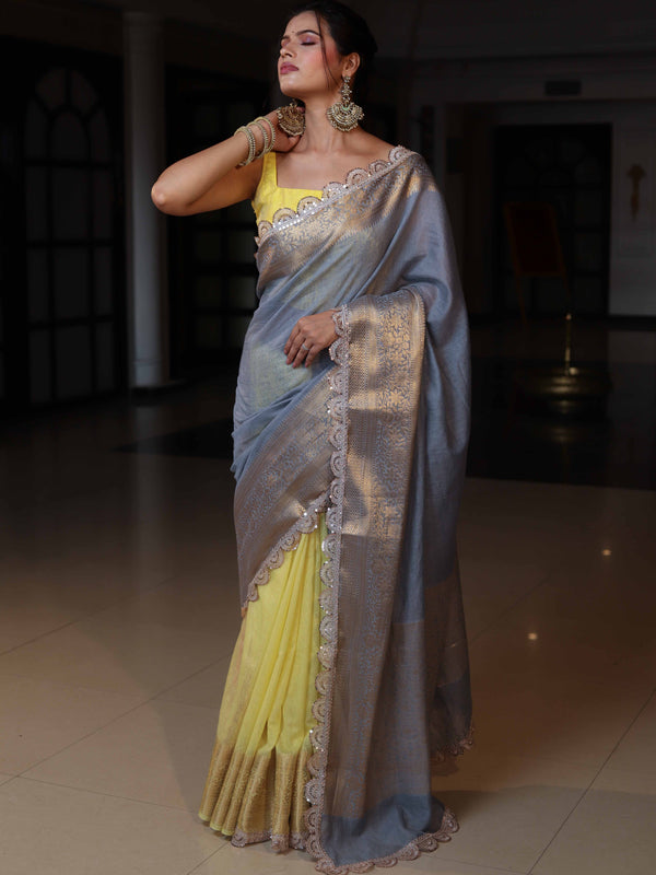 Banarasee Dual Color Pure Linen Saree With Zari Border & Lace-Grey & Lemon Yellow