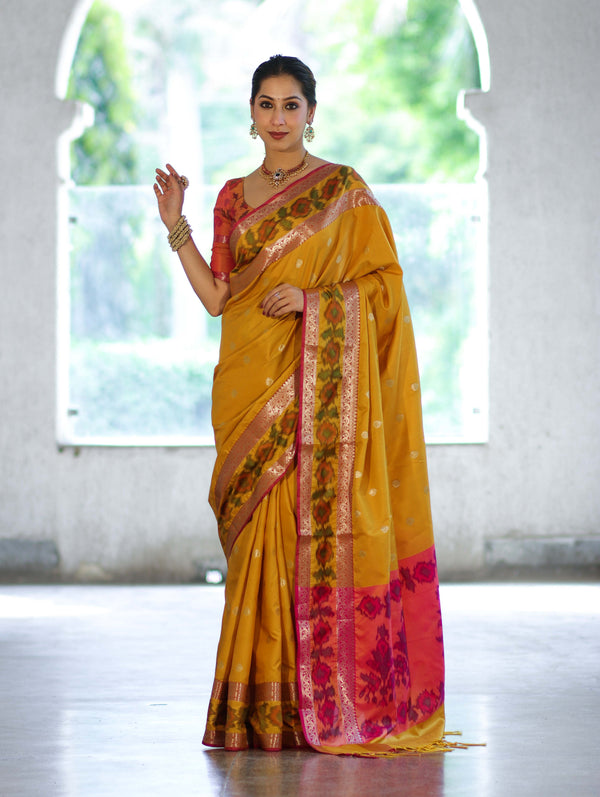 Banarasee Handloom Dual Tone Semi Silk Saree With Buti Design & Ikkat Border-Yellow