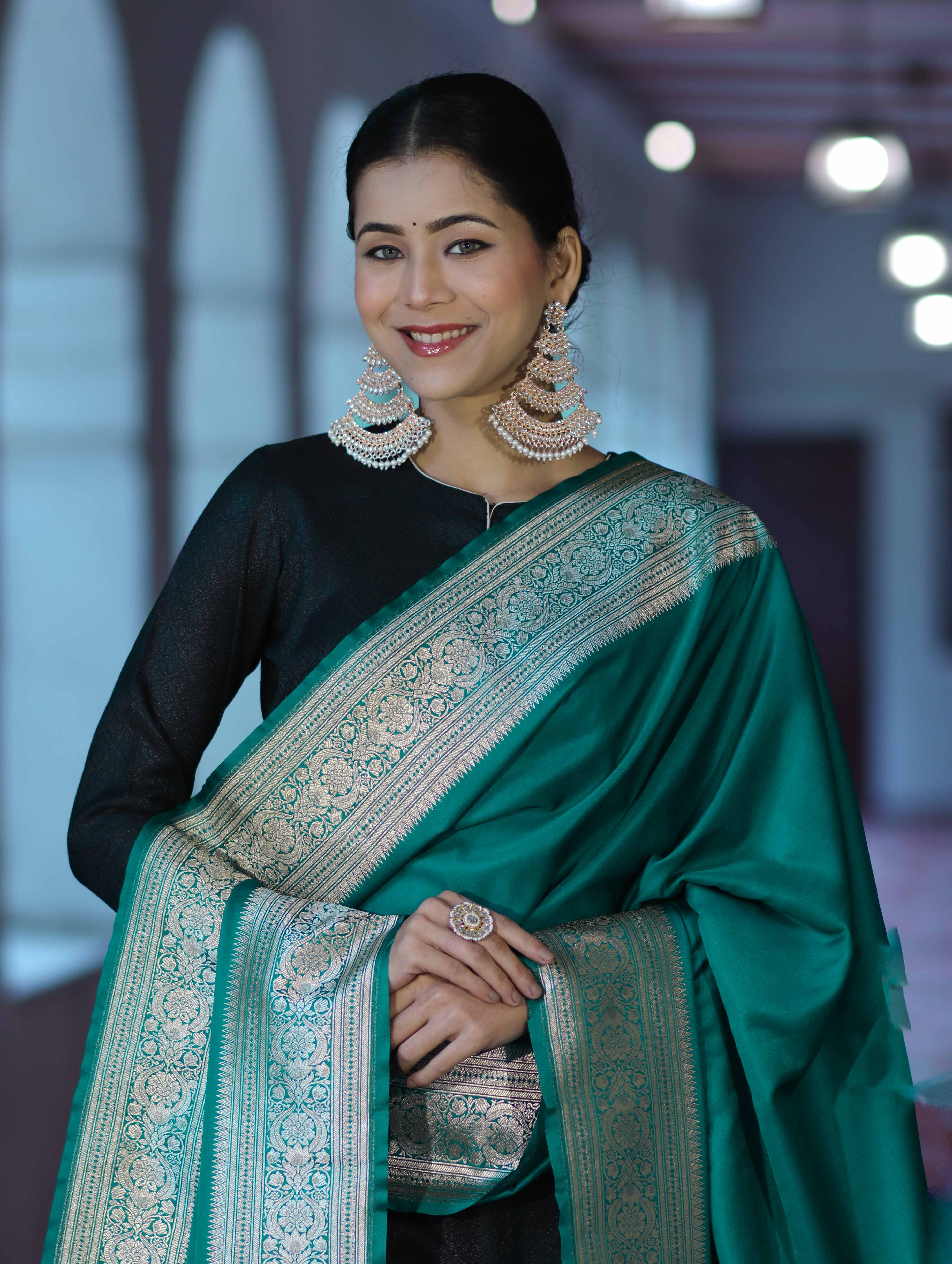 Banarasee Katan Silk Dupatta With Gold Zari Woven Border-Emerald Green